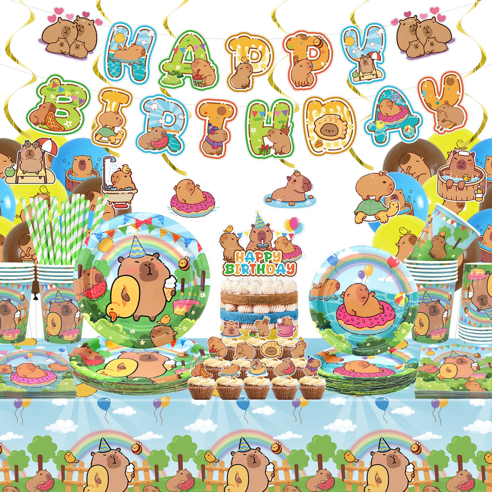 Capybara, decorazioni per feste di compleanno, accessori per feste di Capybara, tra cui striscioni, piatti, topper per torte, tazza, tovagliolo, palloncino, tovaglia per decorazioni per feste