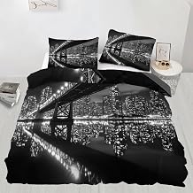 New York City Bedding Set 3 Piece, Brooklyn Bridge Duvet Cover King Size, NYC Skyline Bedroom Decor Comforter Cover with Zipper, 2 Pillowcases