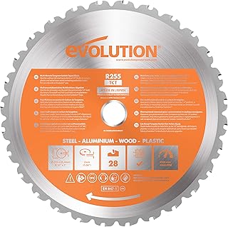 Evolution Power Tools Lame En Carbure De Tungst&egrave;ne - Coupe Multi-Mat&eacute;riaux, Coupe Les M&eacute;taux, Bois, Plastique Et Plus Encore, Pour Scies &Agrave; Onglets Et Scies De Table, 28 Dents - 255mm - R255TCT-28T