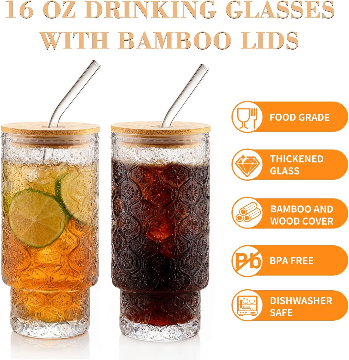 Vintage Glass Cups With Bamboo Lids And Straws 16 Oz,Vintage Tumbler Embossed Floral Glass Cups Set For Whiskey Cocktail, Beer, Iced Coffee Cups, 6pack - Image 3