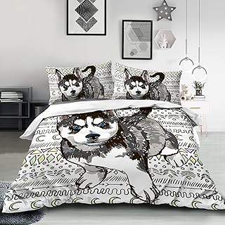 PRINTIUM Dog Twin Size Duvet Covers Set for Boys Girls, Puppy Dog Husky Pattern White Bedding Set, Kids Cute Dog Comforter Cover Bed Set with 2 Pillowcases