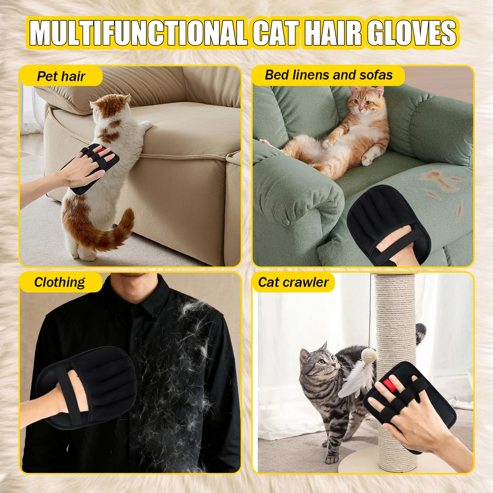 3 Pièces Gant Anti Poils Animaux, Gants électrostatiques d'épilation pour Animaux de Compagnie, Gant Poil Chat & Chien, Gant Poils Animaux Double Face Réutilisable, pour Tapis, Canapé