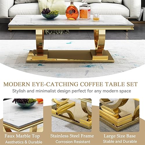 Miniatura 7 de Juego de 2 mesas de café de mármol, juego de mesa de sala de estar de 2 piezas que incluye 1 mesa auxiliar y 1 mesa auxiliar, moderna mesa auxiliar