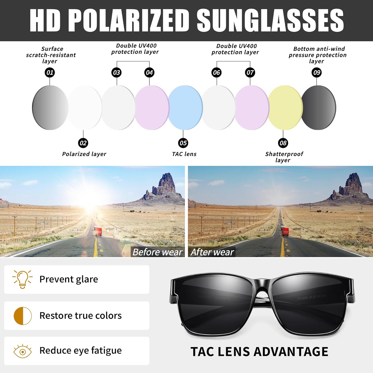 Polarized Sunglasses Fit Over Glasses for Women Men, Oversized Square Summer Shades UV400 Protection - Image 7