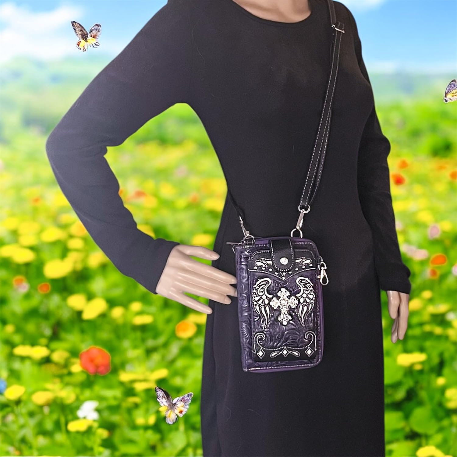 Small Western Crossbody Purse Wallet Combo With Rhinestone Cross Phone Carrier Key Ring Bag for Women