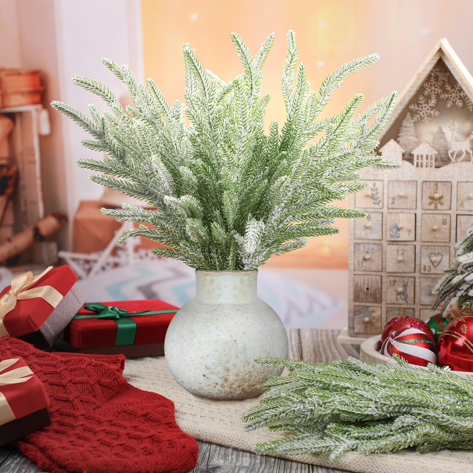 Chuangdi 12 púas artificiales para árbol de Navidad de 16 pulgadas, ramas de pino artificiales de Norfolk para árbol de Navidad, jarrón, corona, manualidades, arreglos florales, decoración del hogar,