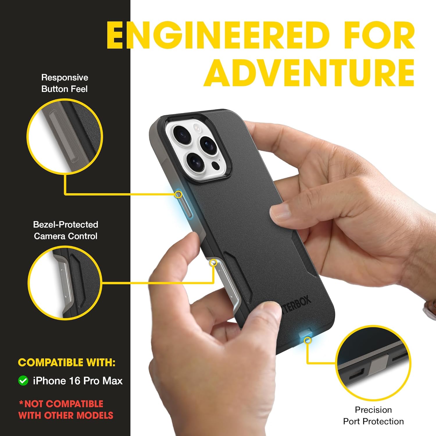 OtterBox iPhone 16 Pro Max (Only) – Commuter Series Case – Built-in MagSafe – Thin, Dual-Layer, Pocket-Friendly, Port Cover – Black Ash (Black/Grey)
