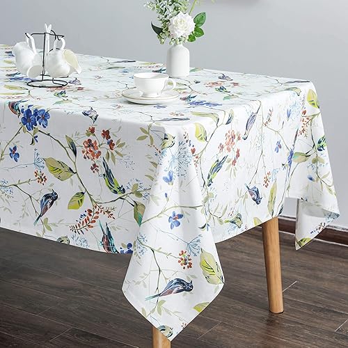 Miniatura 4 de VOGOL Manteles de primavera y verano, sin arrugas, antidecoloración, mantel rectangular de lino con pájaros azules y flores para cocina, comedor,