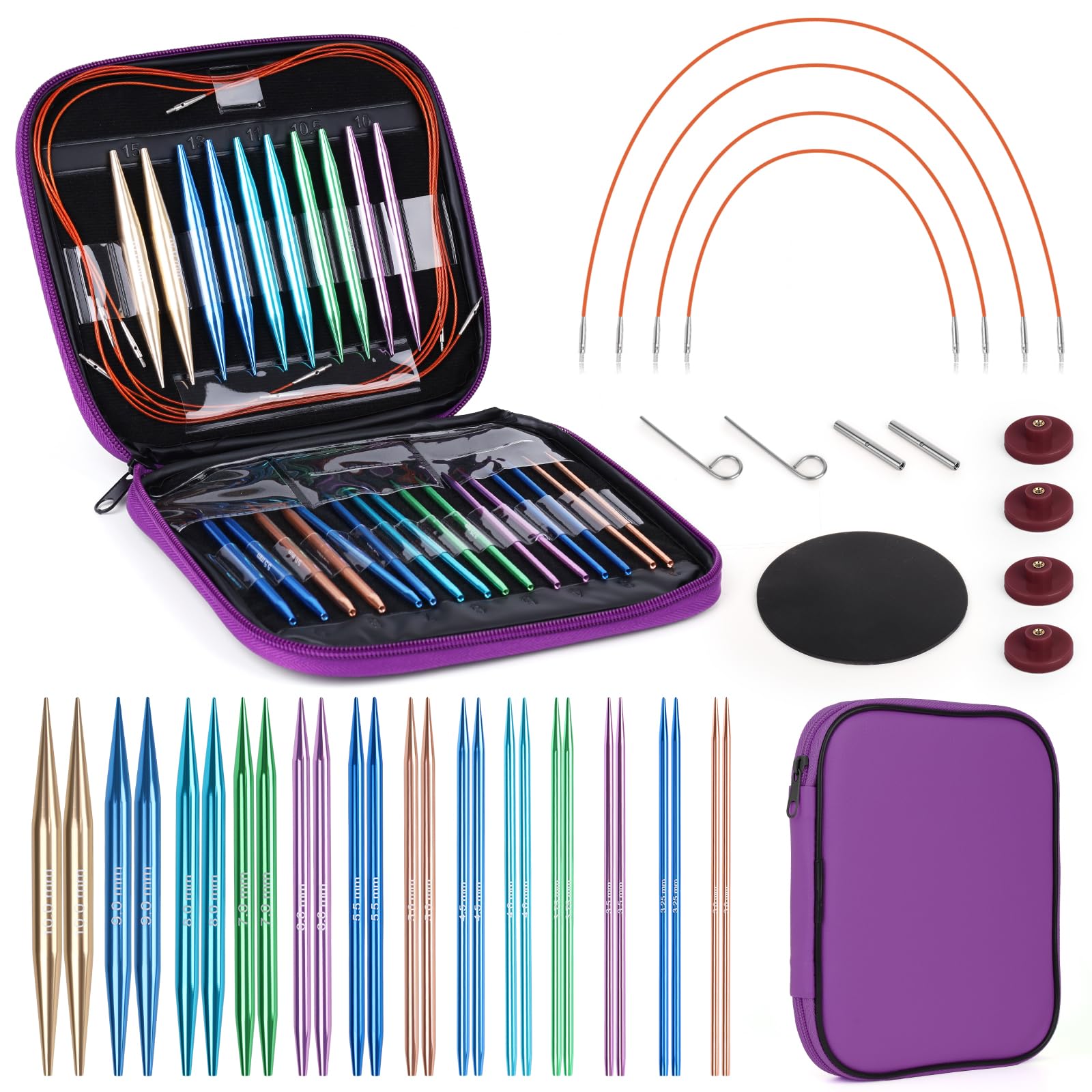 Coopay Auswechselbare Rundstricknadeln Set, 3,0-10,0 mm Stricknadeln Rundstricknadel (4 Längen verstellbar), Rundstricknadel mit Aufbewahrungstasche, Austauschbare Rundstricknadeln, Lila