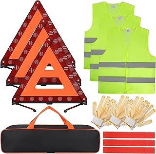 3 Sets Safety Triangle Warning Kit, Include Reflective Warning Triangle, Visibility Roadside Vest, Gloves and Storage Bag Foldable Safety Triangle Kit for Car Roadside Breakdowns Emergencies Use