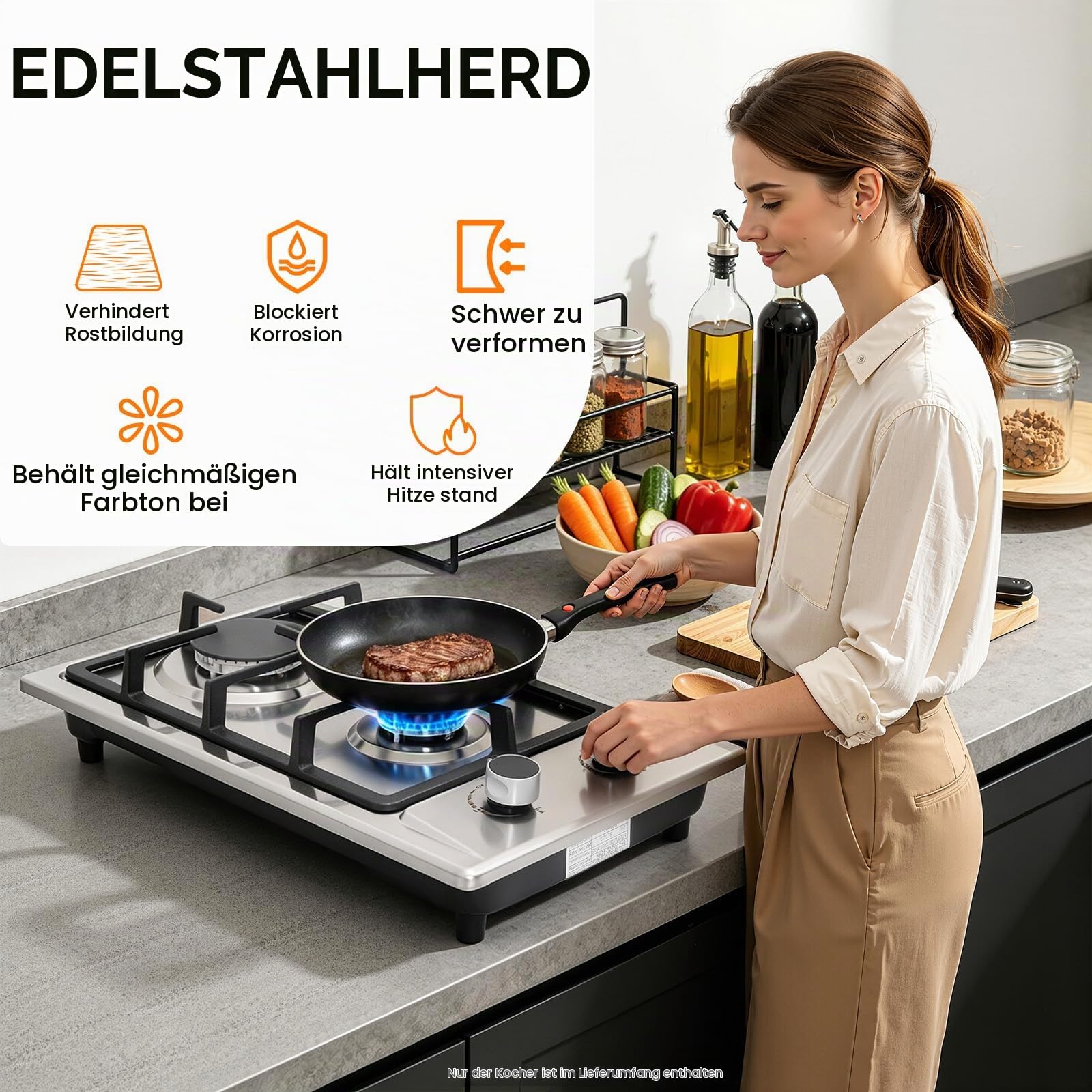 Gasherd Camping Gaskocher 2-Flammig Mit Druckreduzierventil, Umrüstdüse Und 1,5m Schlauch, Gaskocher Für Innenräume Outdoor Camping, 3kw + 1,75kw, Silber