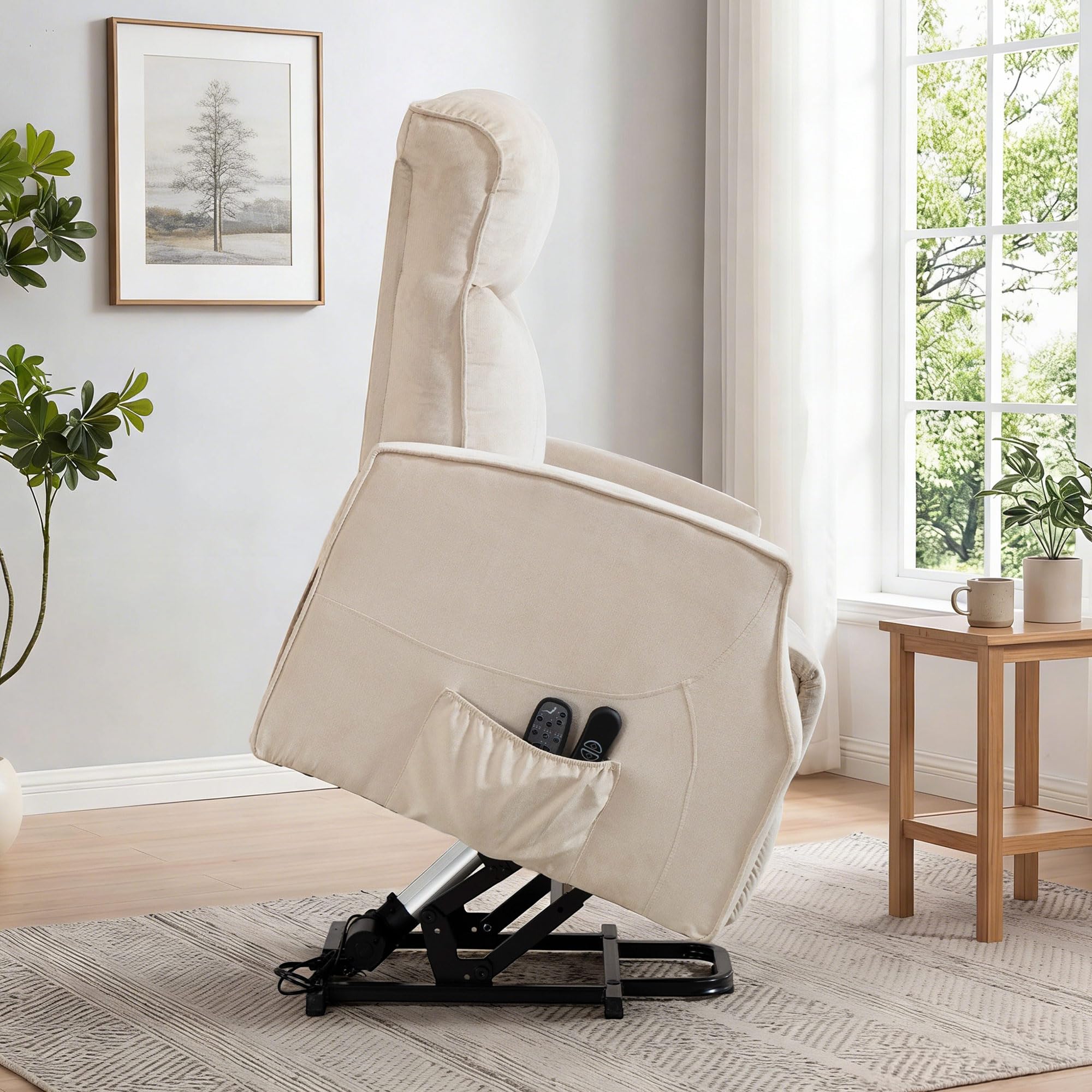 HOMCOM Poltrona Elettrica Alzapersona Reclinabile 150°, Poltrona Relax Massaggiante e Riscaldante, in Tessuto Effetto Lino per Anziani con Porta USB, Telecomandi, Poggiapiedi, Tasche Laterali, Beige