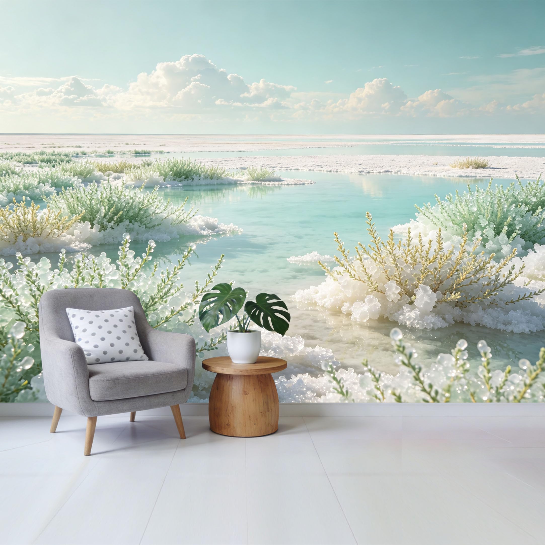 Qzlithotic Yq2605250317 Custom Size Wall Mural Serene Salt Lake Crystalized Vegetation Landscape Selfadhesive Wall Fabric Removable Wallpaper For Home Office Decor