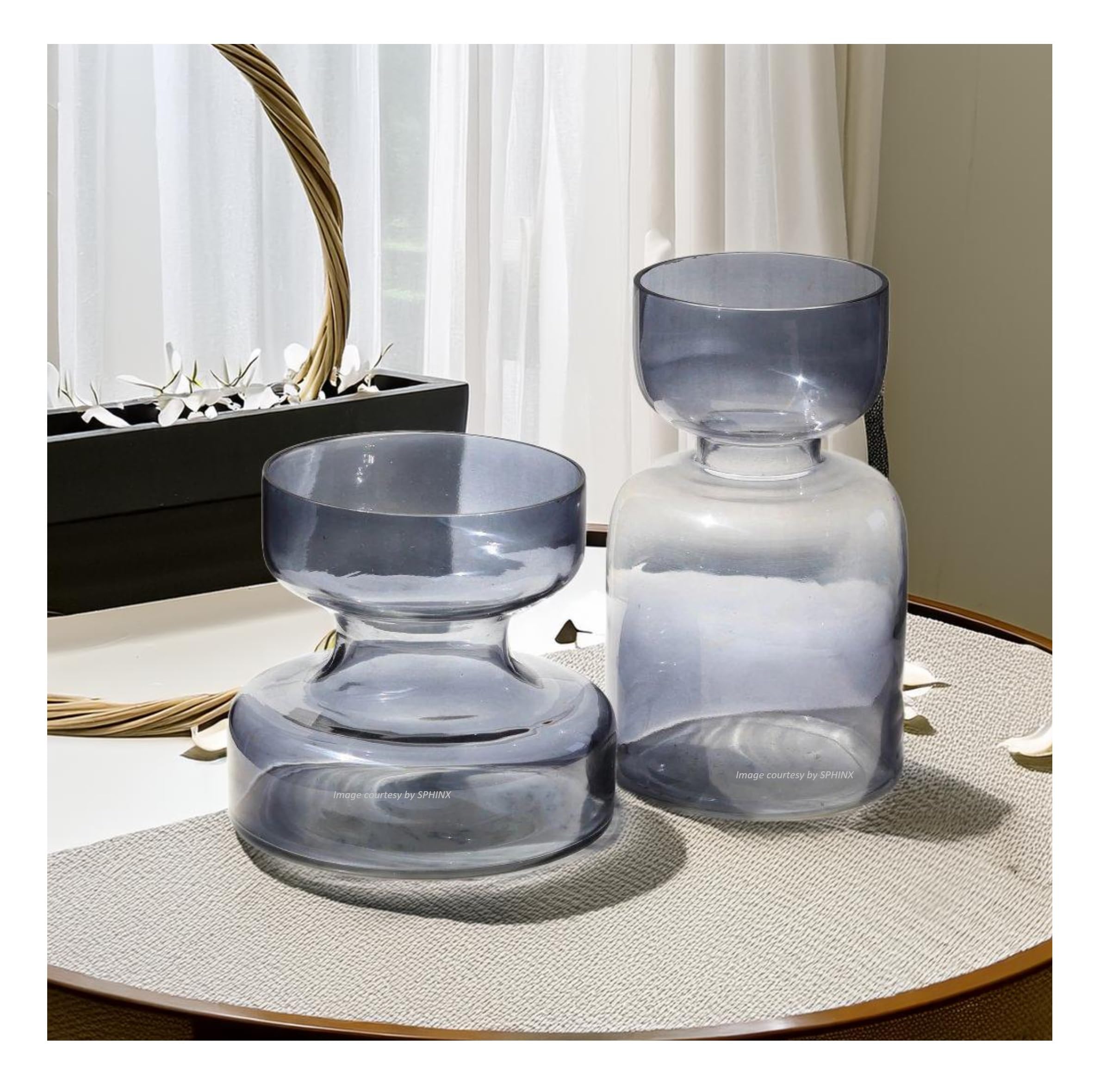 SPHINX Modern Decorative Glass Vase Set for Flowers Plants Home Decor Office Living Table Decorations, Luster Glass Vase Hourglass/Dumbbell Shape Vase Set - (Smokey Black Hourglass Vase set)