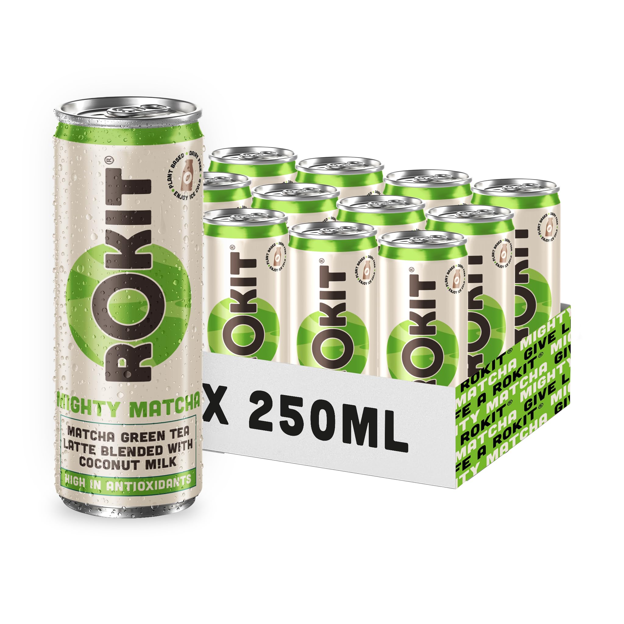 Rokit Mighty Matcha Green Tea Latte with Coconut Milk | Vegan Friendly Formula | Dairy-Free | Ready to Drink | 12 x 250ml Can