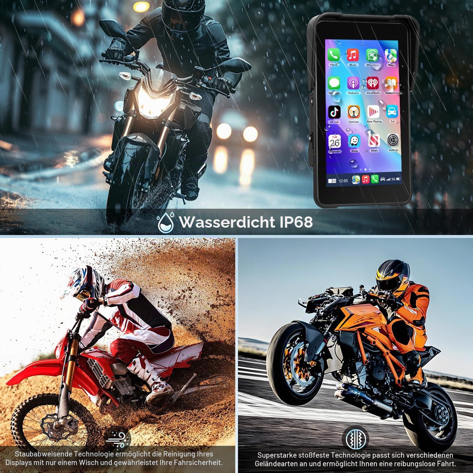 Motorrad Navigation mit Kabellosem A-pple Carplay Android Auto, Tragbares 5-Zoll-HD-Portrait-Touchscreen-Autoradio mit Bluetooth FM, IP68 Wasserdicht