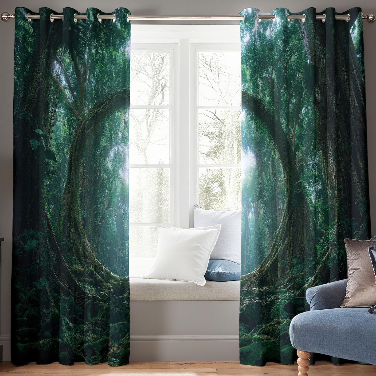 Zasłona nieprzejrzysta na przelotkach, bajeczna dżungla, magiczny las, zasłona zaciemniająca, do salonu, wys. 214 x szer. 183 cm, zielona, poliester, izolacja akustyczna, do pokoju