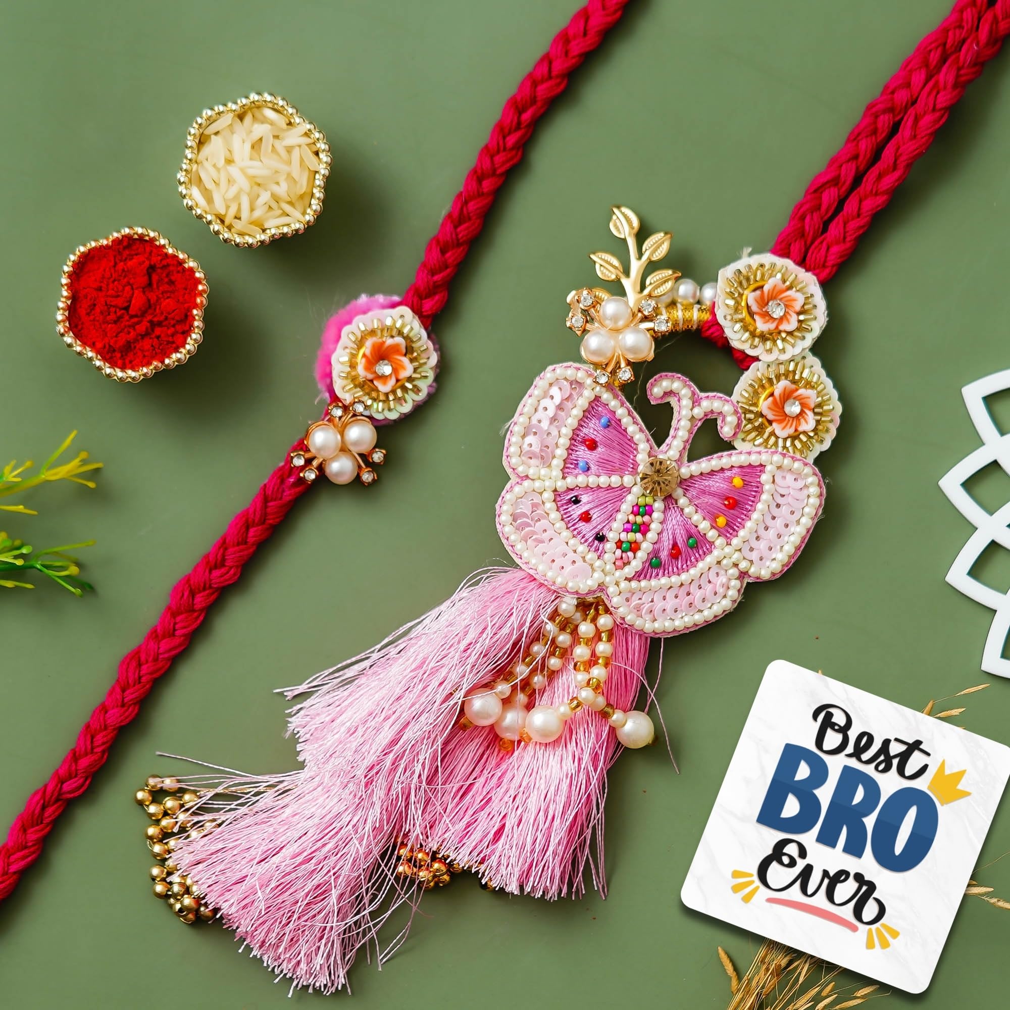 eCraftIndia Butterfly Designer Rakhis for Brother and Bhabhi | Bhaiya Bhabhi Rakhi Set of 2 | Lumba Rakhi for Bhabhi | Best Bro Ever Fridge Magnet | Roli Chawal Pack