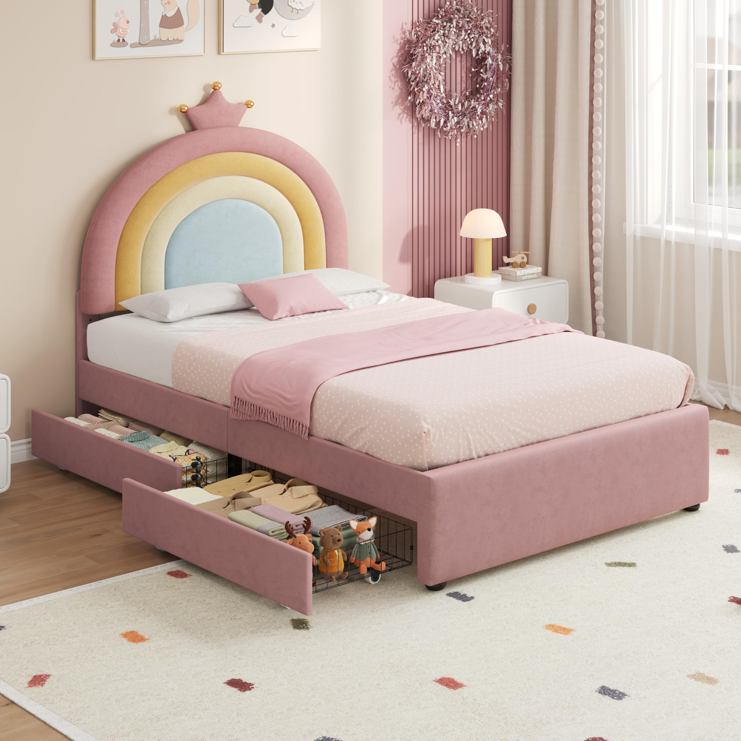 Merax 3ft Girls Single Bed, Pink Upholstered Bed Frame With Adjustable Rainbow Crown Headboard and 2 Storage Drawers, Soft Velvet Kids Bed, Sturdy Wooden Slats, No Box Spring Needed (No Mattress)