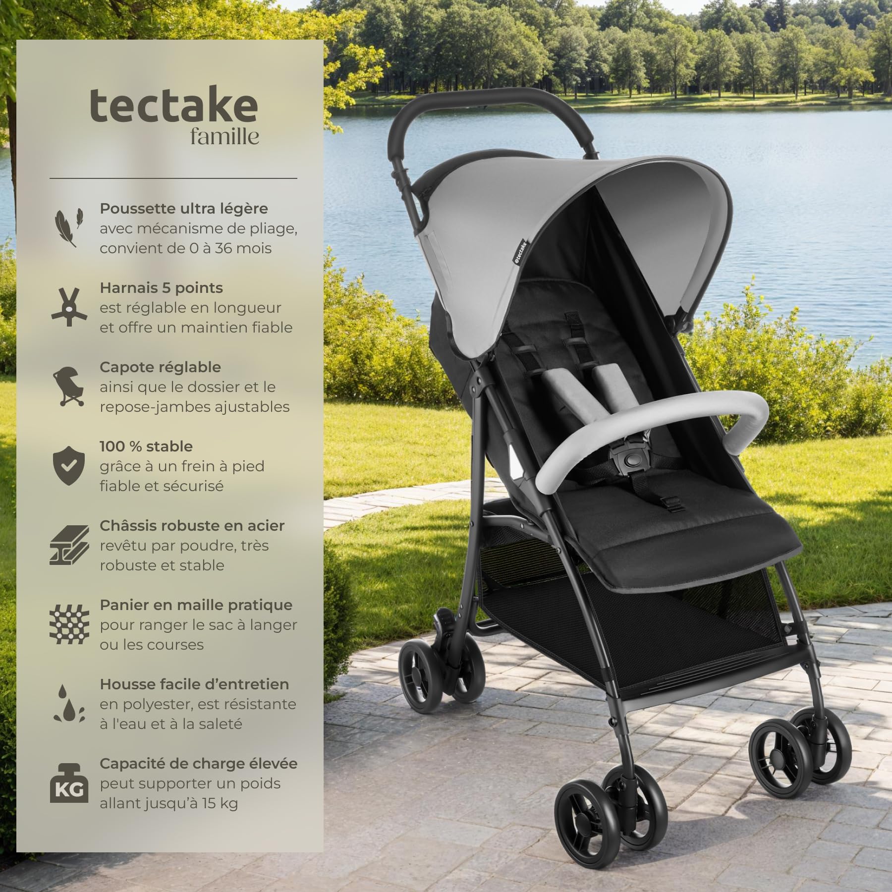 tectake® Poussette canne compacte 0-36 mois Pliable avec Espace de rangement, Dossier inclinable Poussette compacte & légère Poussette voyage Accessoires Bébé Nouveau né Enfant Baby stroller