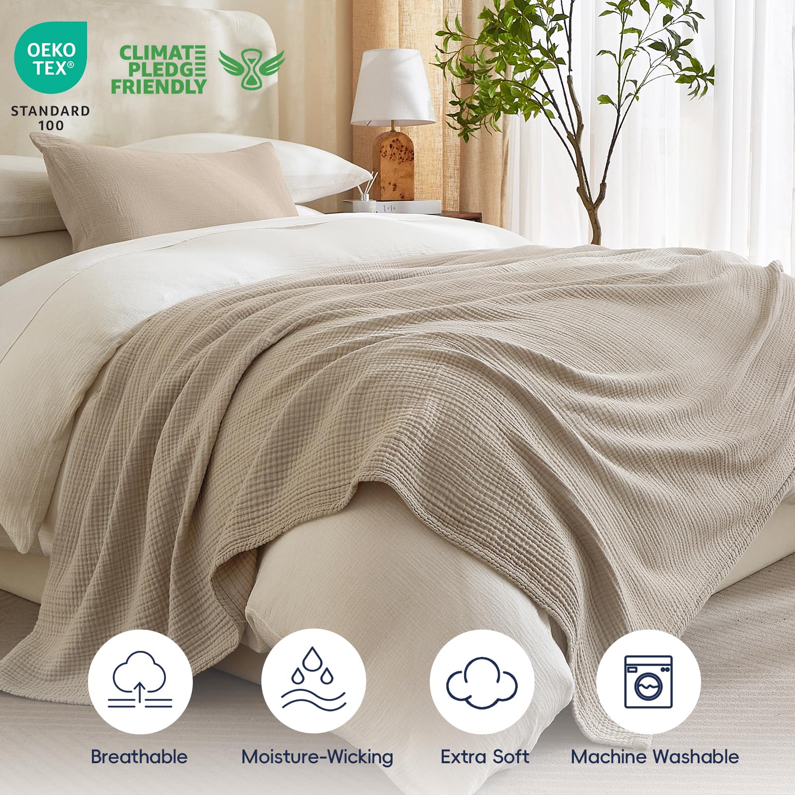 PHF Couverture en Mousseline 100% Coton pour lit Simple, 167,6 x 228,6 cm, légère et Respirante à 4 Couches, légère et Respirante pour l'été, literie en Gaze luxueusement Douce pour lit, Style