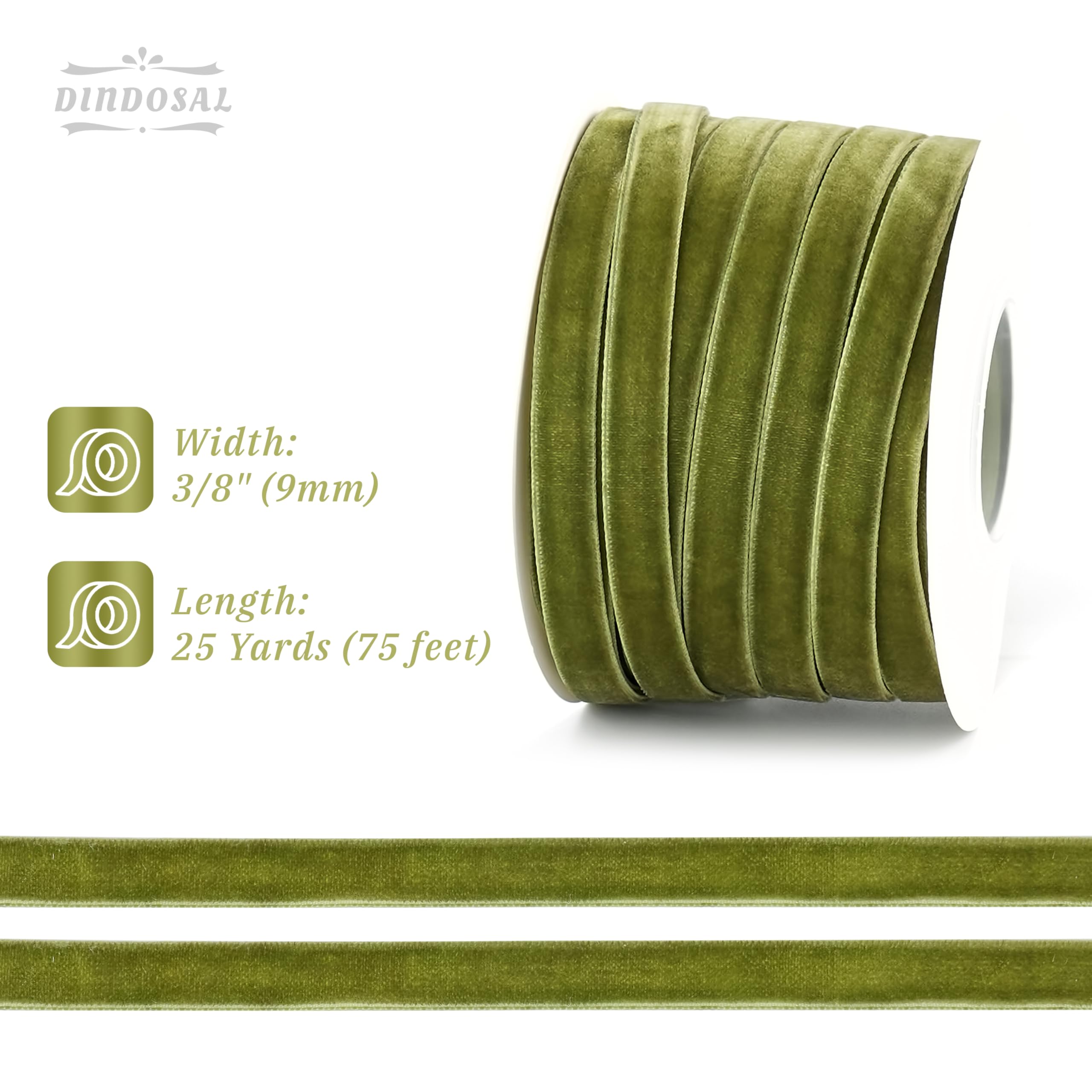 DINDOSAL Moss Green Velvet Ribbon 3/8 Inch Single Face Thin Velvet Ribbon for Gift Wrapping, Olive Green Ribbon for Christmas Decorations, Wedding, Ribbon for Hair Bows, Cafts, Bouquet - 25 Yards