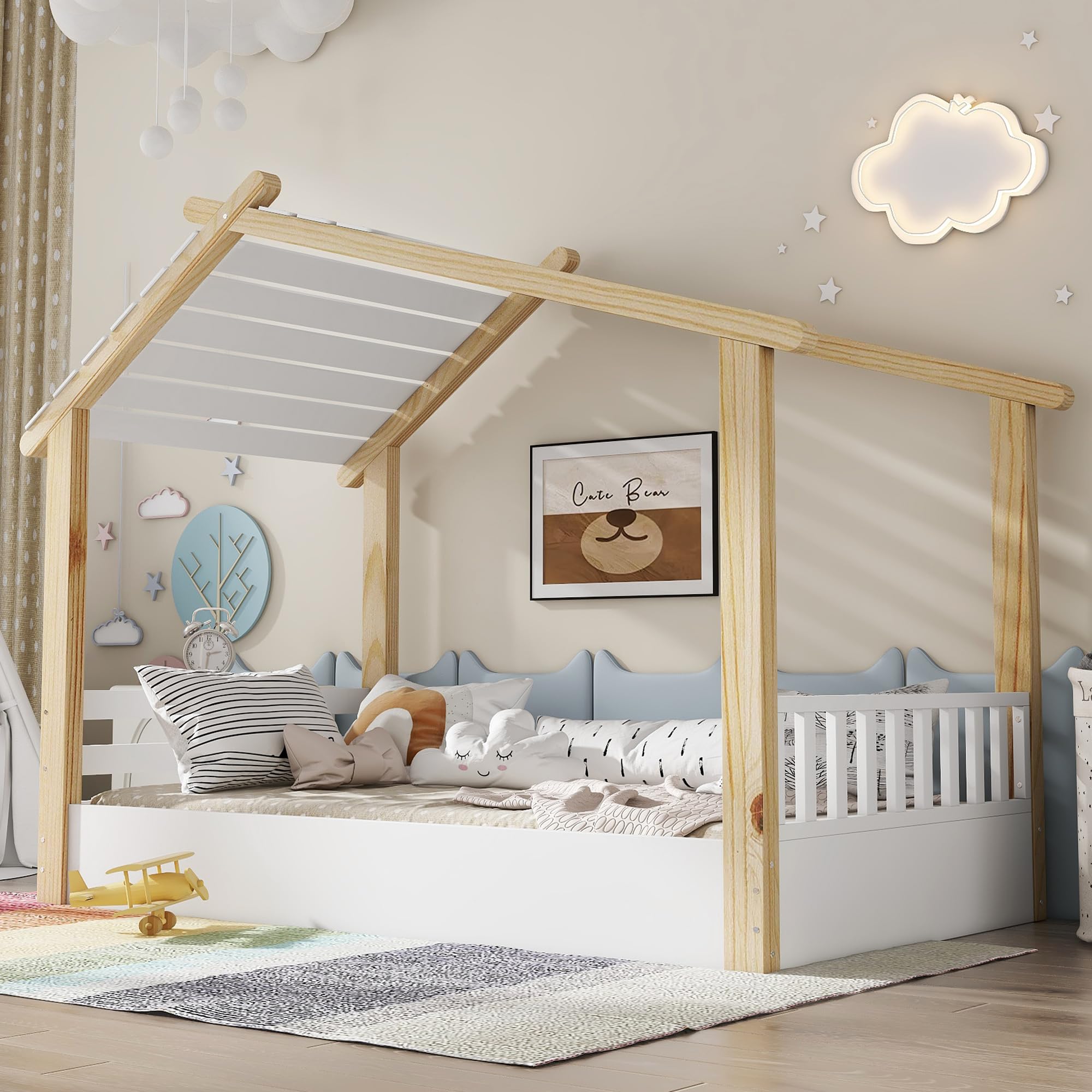 Kinderbett 90x200 cm, Holzbetten Bodenbett mit Rausfallschutz und Lattenrost, Holzhausdesign Bett für Kinder mit Dach, Hausbett mit Zaun für Jungen & Mädchen, Weiß, Kiefernholz, ohne Matratze