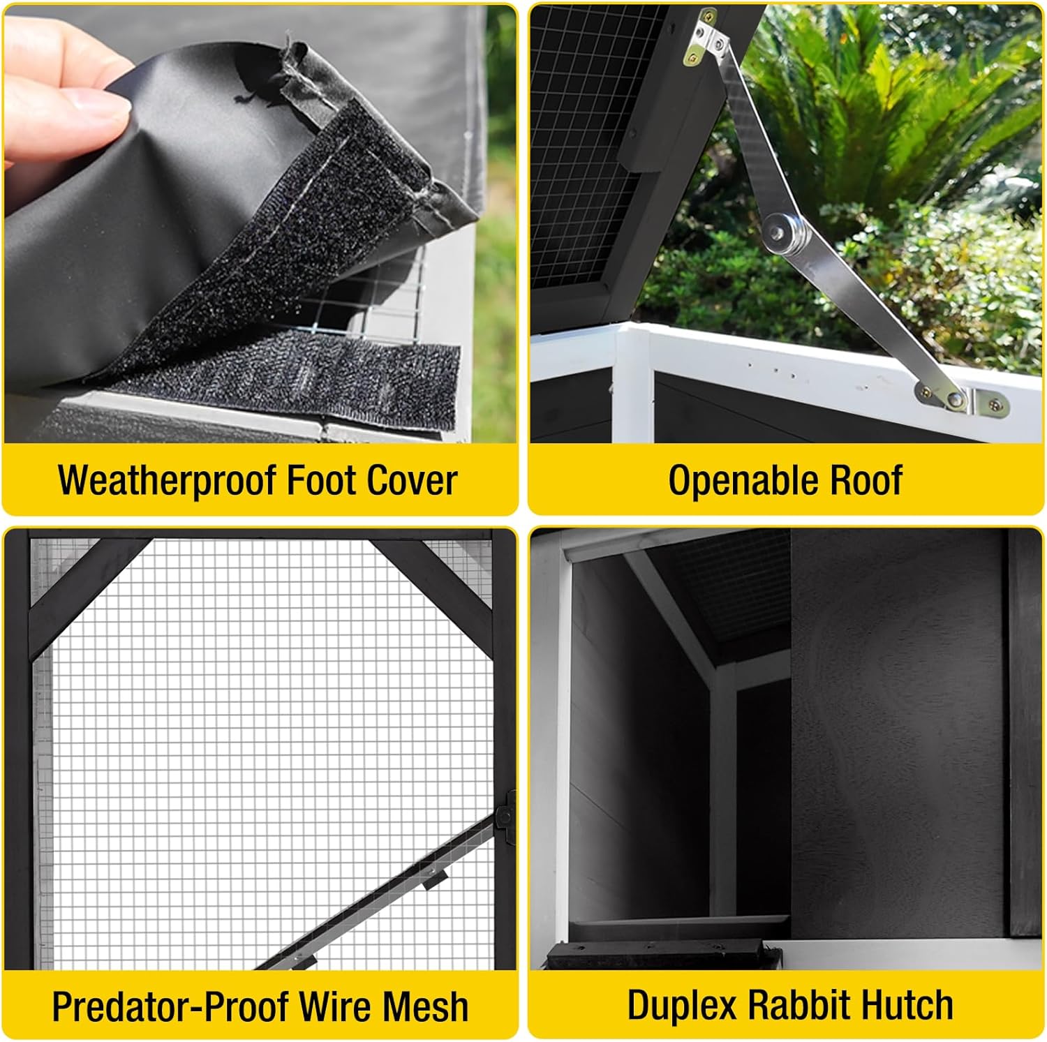 Close-up of the Aivituvin rabbit hutch showing the weatherproof cover, openable roof, predator-proof wire mesh, and duplex design