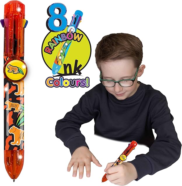 Deluxebase Rainbow Writer - Tiger, Multicolour Pen from 8 in 1 retractable ballpoint pen, great novelty pens for kids and ideal office or school supplies