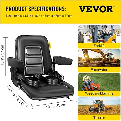 Miniatura 7 de Bestauto Asiento de carretilla elevadora plegable universal con cinturón de seguridad retráctil, reposabrazos, asiento ajustable para excavadora,