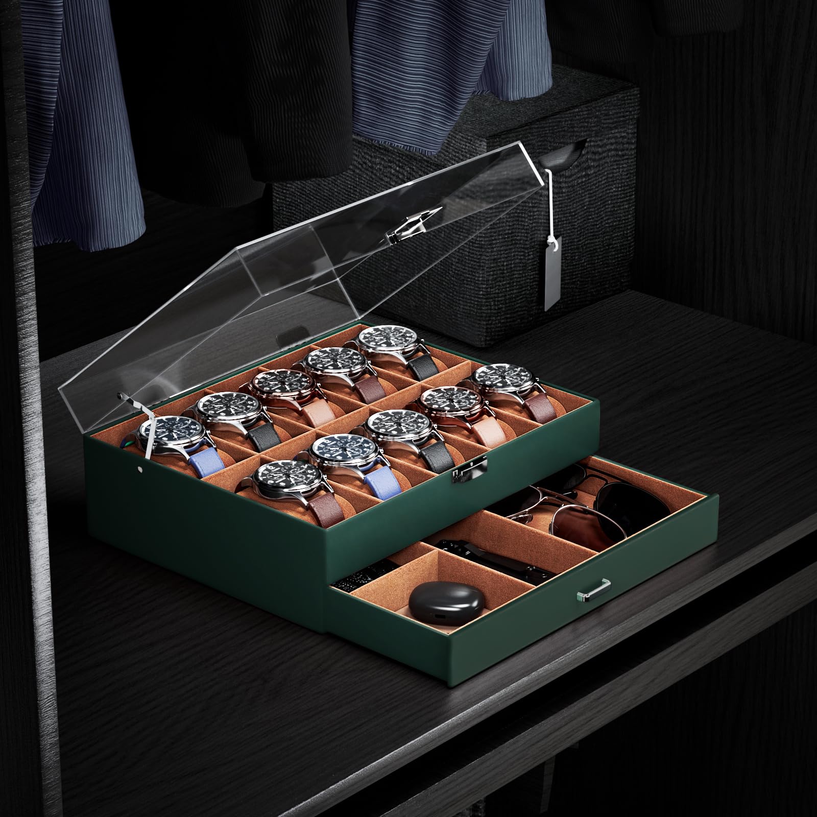 ProCase Caja para 10 Relojes, Organizador de Reloj Estuche de Relojes con Tapa de Cristal para Hombres -Verde