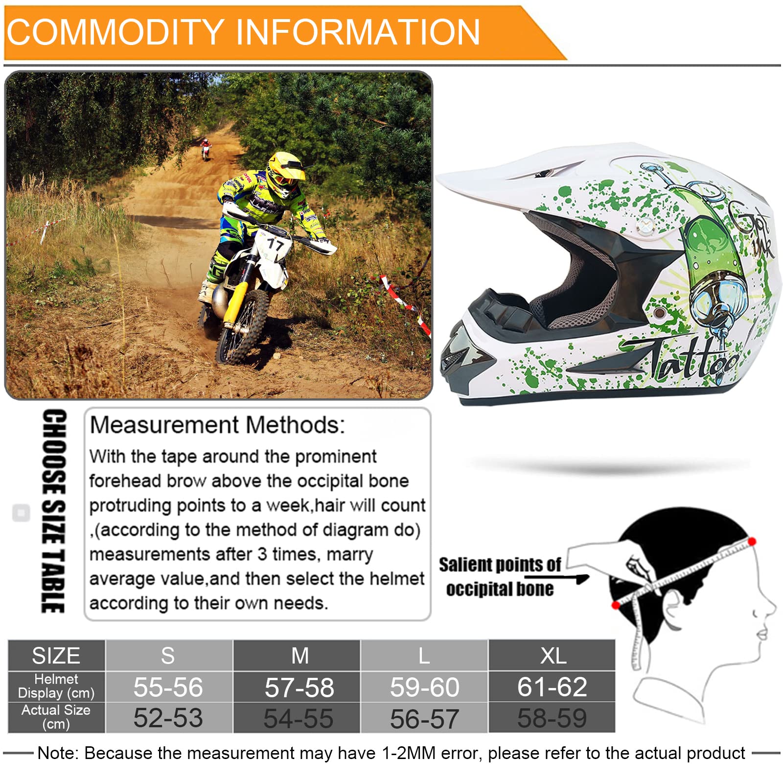 Casco Integrale Da Motocross WYXAXNM Con Occhiali, Guanti E Maschera - ABS Per Adulti E Bambini, Taglie S-XL (55-62 Cm), Certificato ECE