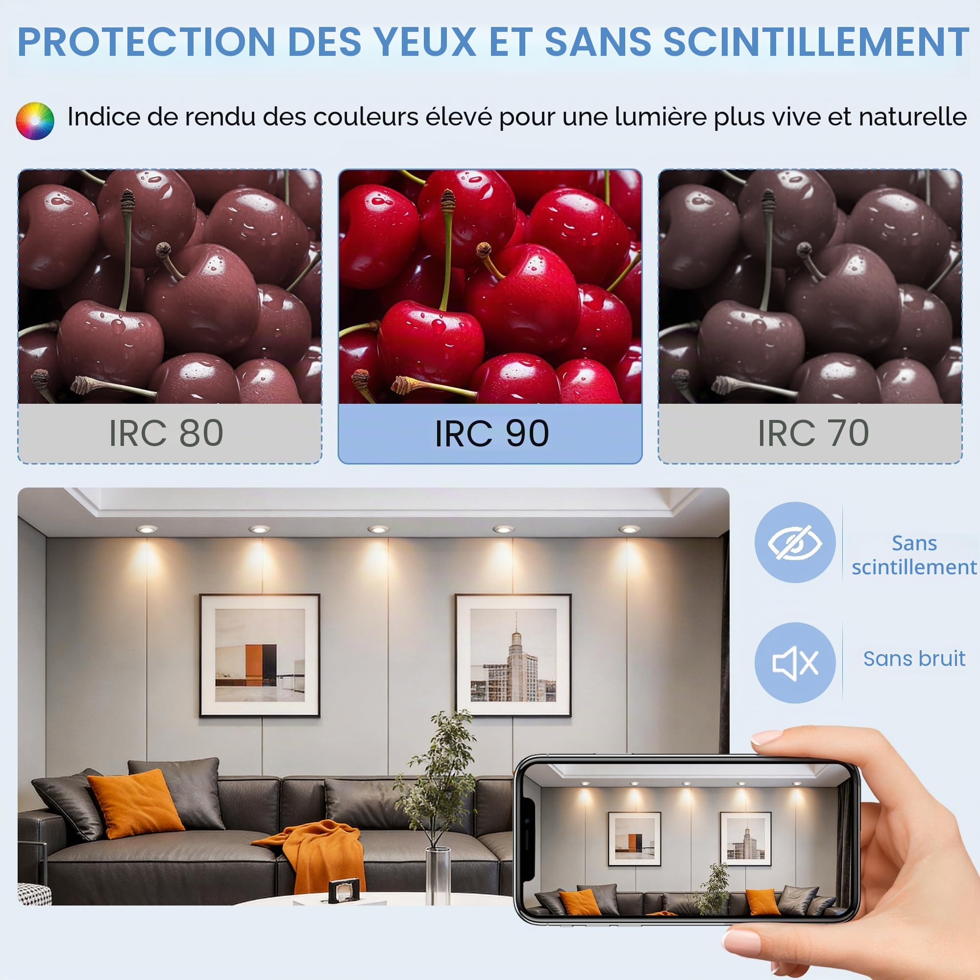 Spot LED Encastrable Dimmable 220V, 5.5W 600LM IP44 Spots LED Encastrable Extra Plat 68mm, 45° Orientable Spots de Plafond 2700K Blanc Chaud Spot Salle de Bain, Nickel Brossé Lot de 6