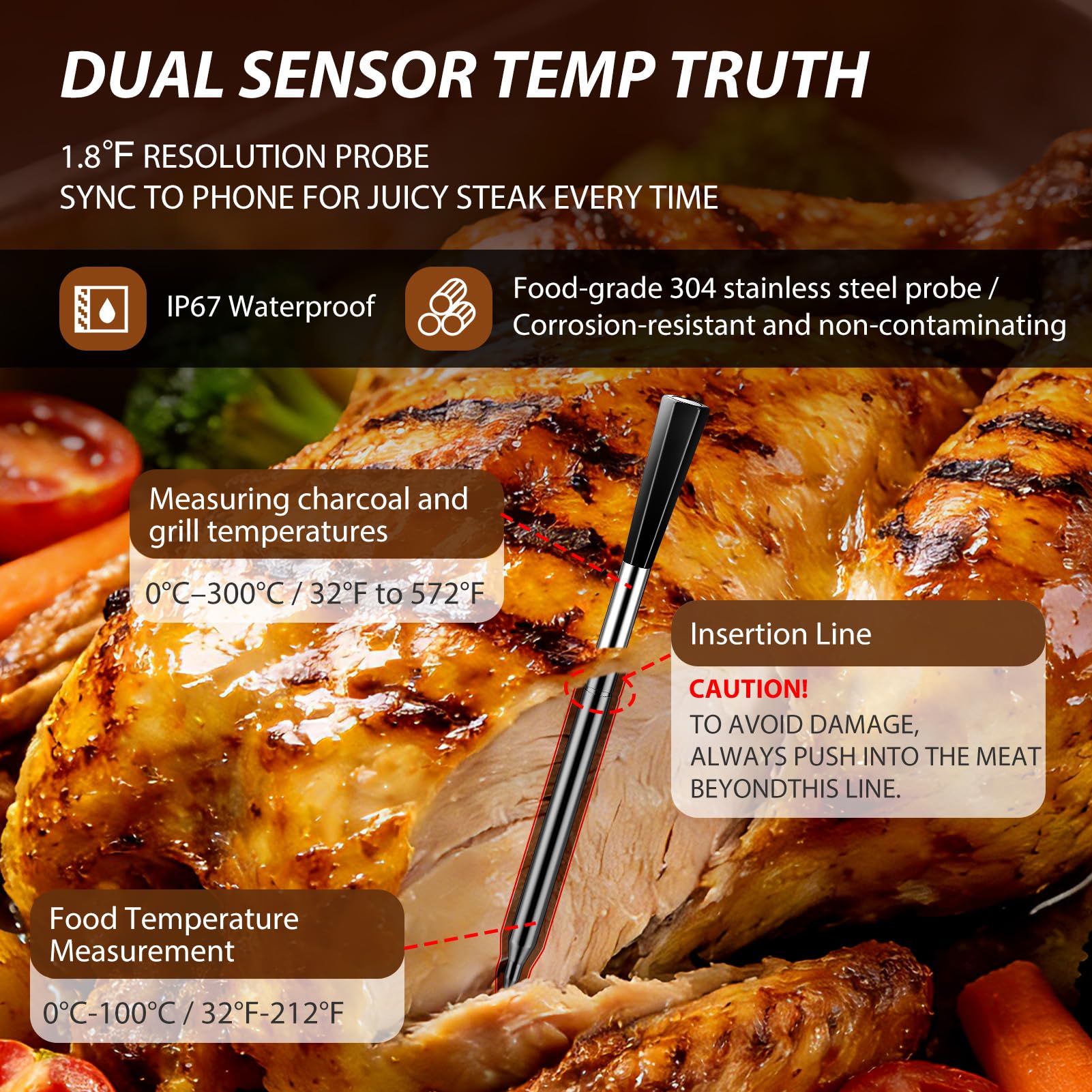Termometro per carne senza fili Smart con Bluetooth, 2 sonde e funzione di memorizzazione, portata 150 m, impermeabile IPX8 per barbecue, affumicatore, forno, friggitrice ad aria - monitoraggio remoto