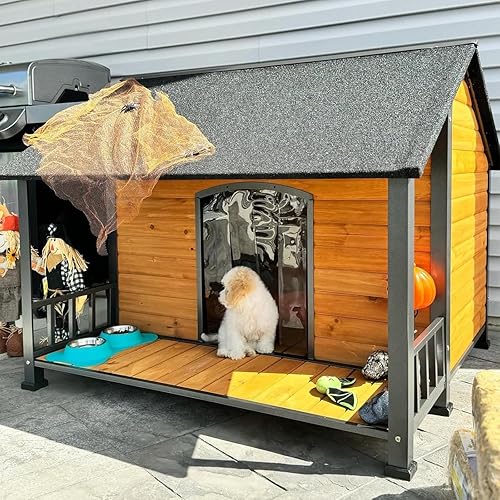 Extra Large Dog House Outdoor for Large Breed Dogs, Insulated Dog Kennel Outside, Metal Frame,Weatherproof Dog Shelter with Porch and Elevated Floor, for XL, XXL Big Dog (Insulated Liner) (Brown)