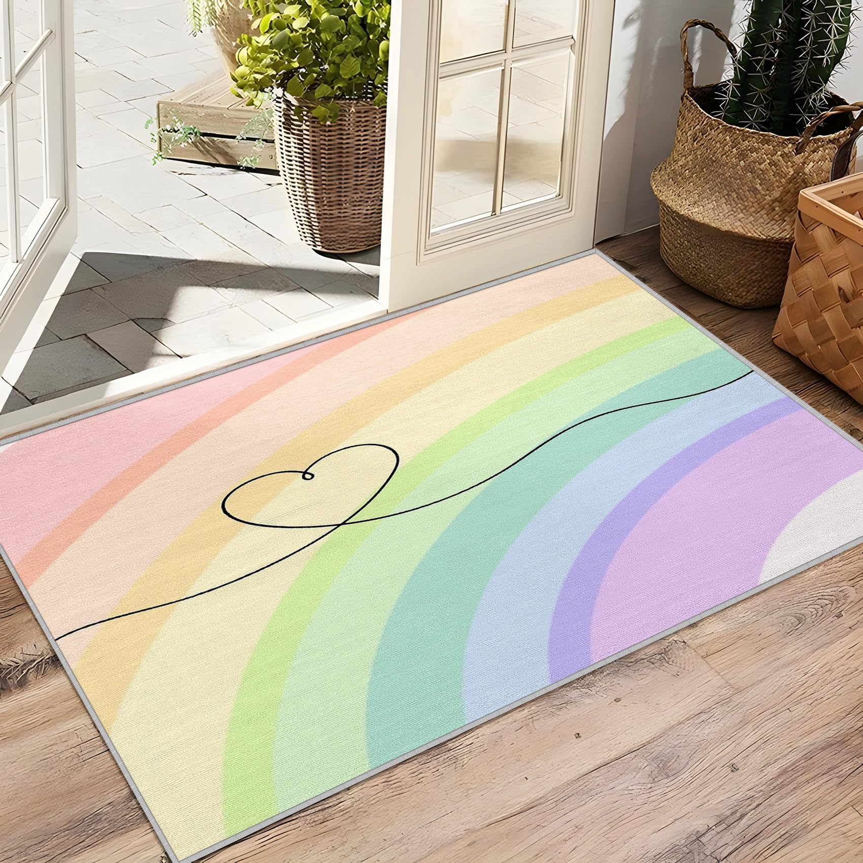 Regenbogen Deko, Bunt Teppich 100x150 Kurzflor, Teppich Wohnzimmer Herz, Weich rutschfest Waschbare Teppiche, Bettvorleger Schlafzimmer Kinderzimmer