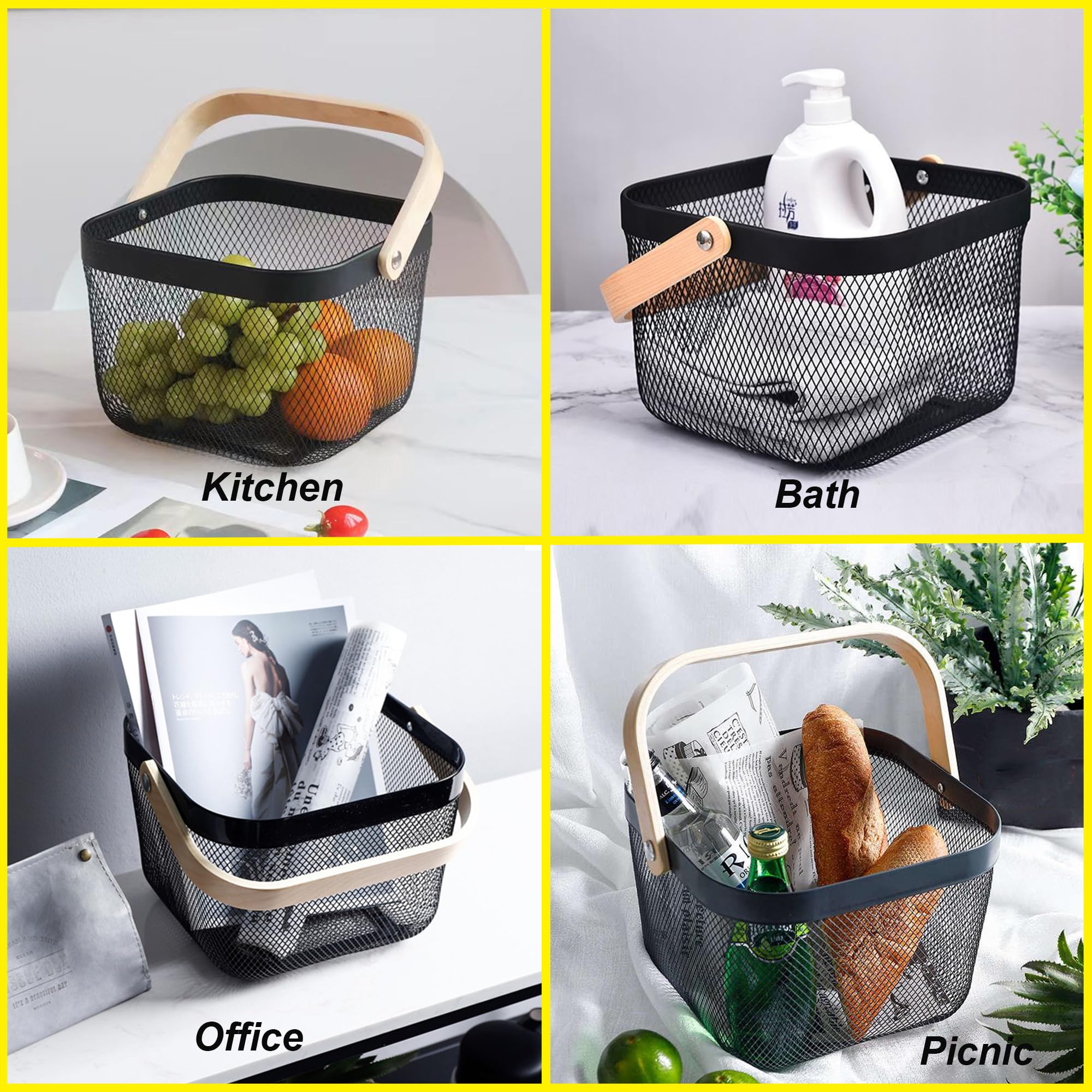 Lot de 2 paniers de récolte de jardin, paniers de pique-nique avec maille métallique durable et poignée en bambou, parfaits pour le shopping, le jardinage, les pique-niques et l'organisation