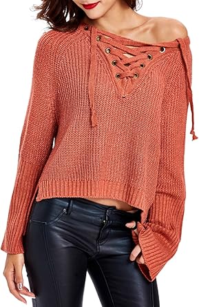 Amazon Com Futurino Sexy De La Mujer De Manga Larga Lace Up Front Cuello En V High Low Jersey De Punto Talla Unica Marron Ropa Zapatos Y Joyeria