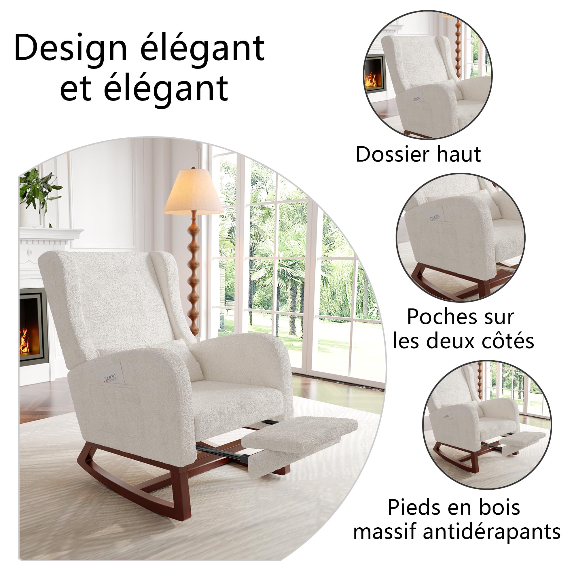 BRILVERDE Mecedora Lactancia, sillón Relax con reposacabezas, Mecedora escandinava con Bolsillos Laterales y Base de Madera Maciza, para salón, balcón, salón (Borreguito con reposapiés, Blanco)