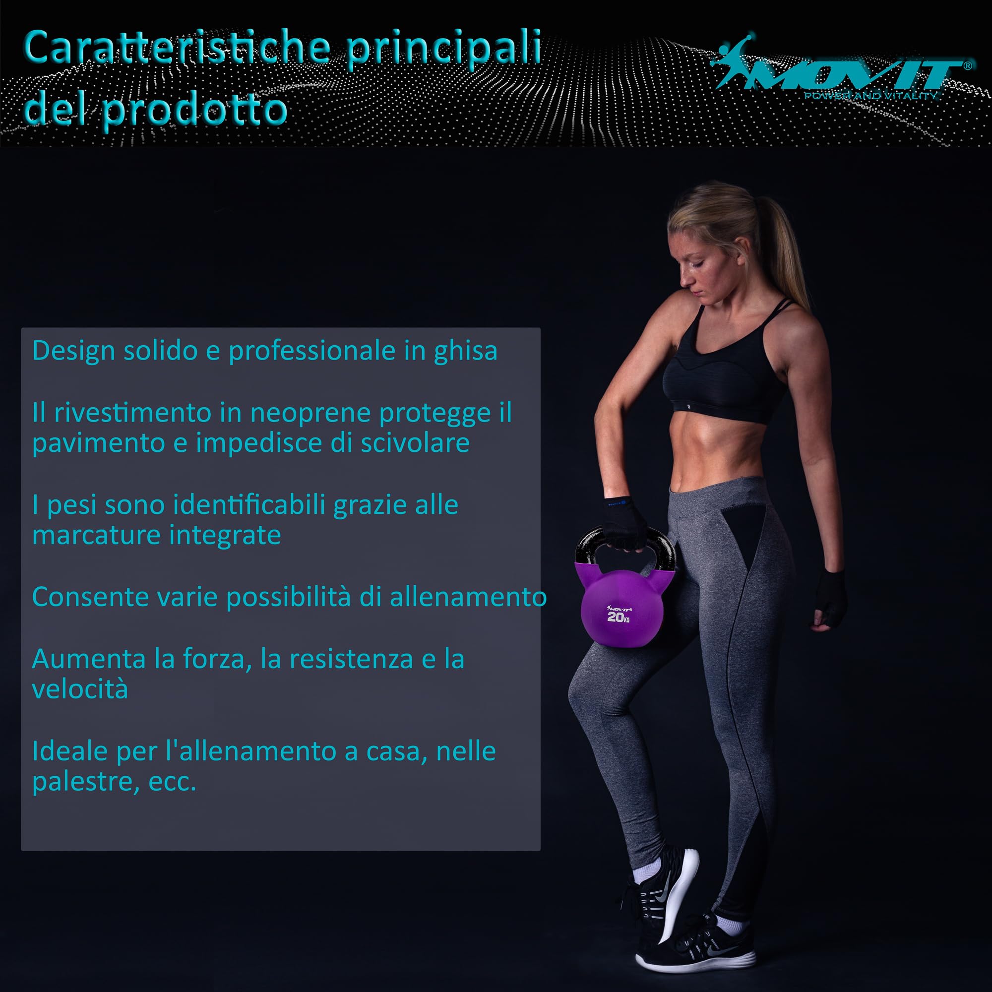 MOVIT Kettlebell PRO in Ghisa Con Rivestimento in Neoprene - 12 Varianti da 2 a 24 kg, Testato per Sostanze Nocive, Peso a Sfera Oscillante