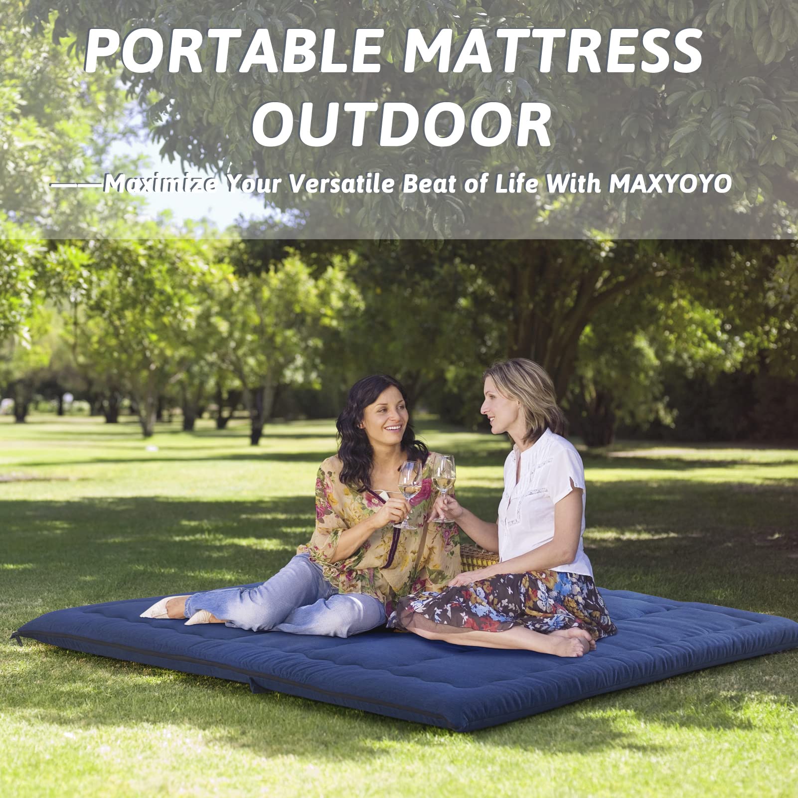MAXYOYO Materasso futon pieghevole portatile, in tessuto ipoallergenico e memory foam, con manico e cerniera, per interni ed esterni, campeggio, auto, ospiti