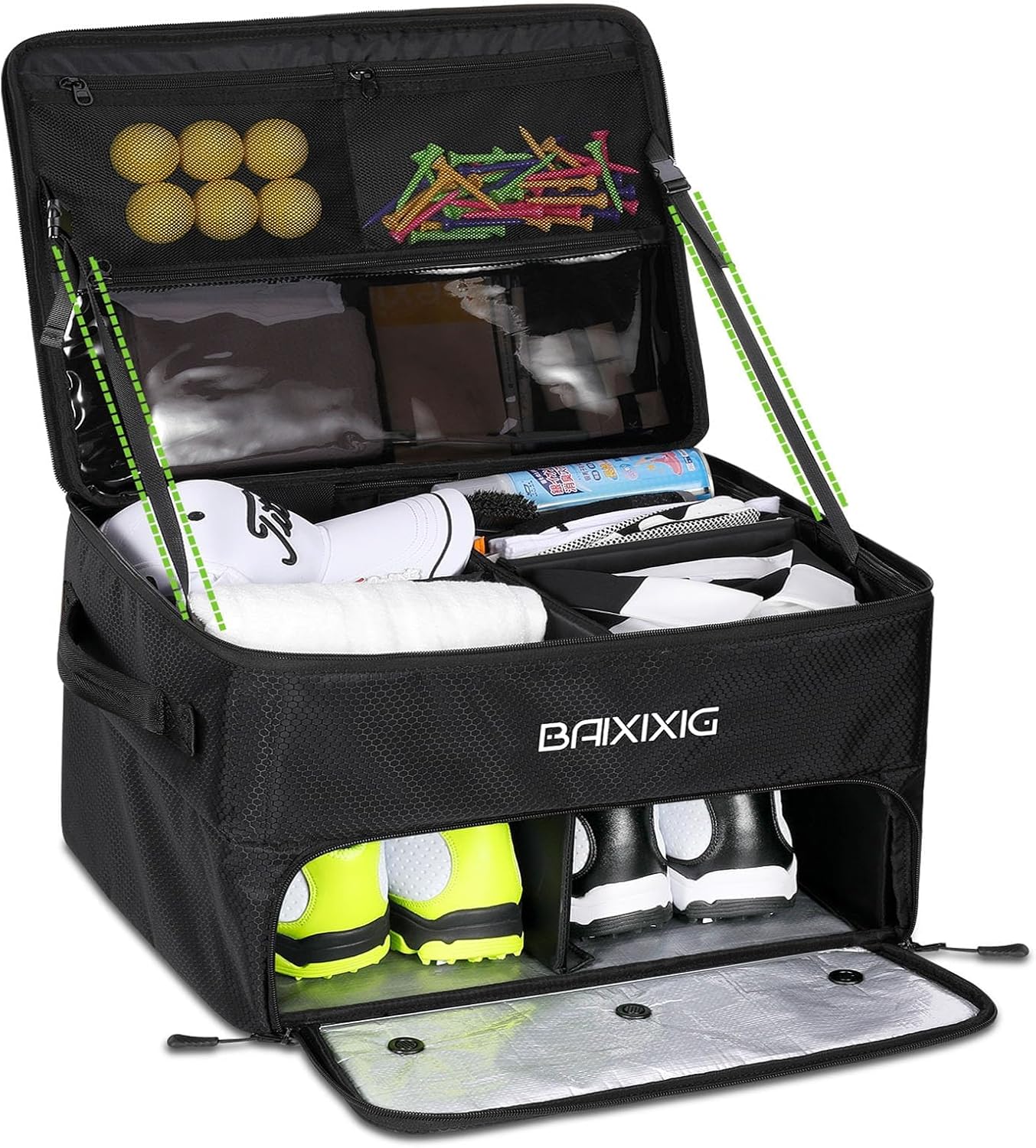 Golf Trunk Organizer, 2-Layer Storage with Shoe Pocket, Storage for Golf Accessories