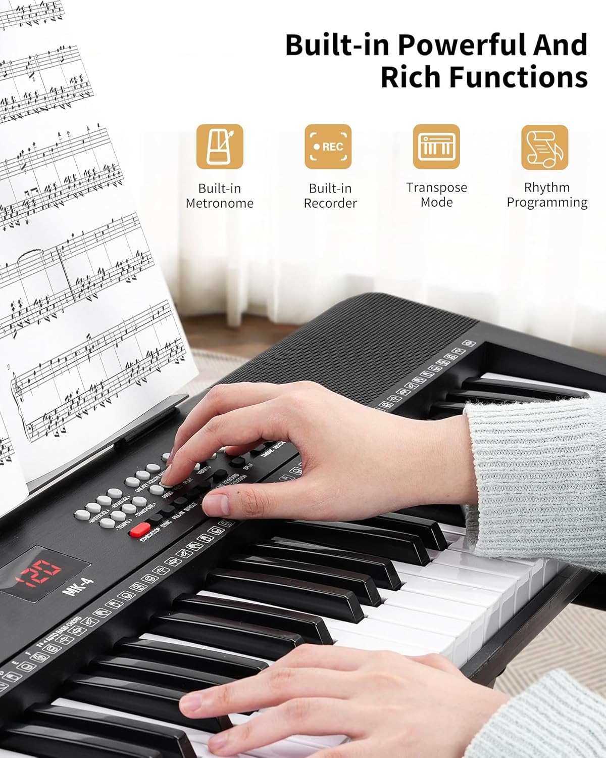 61 Keys Compact Keyboard Piano with Foldable Mini Stand, Built-in 255 Sounds, 255 Rhythms, 24 Demos, Includes Sheet Music Stand, Note Stickers & Power Supply, Gift for Beginners, Black - Image 3