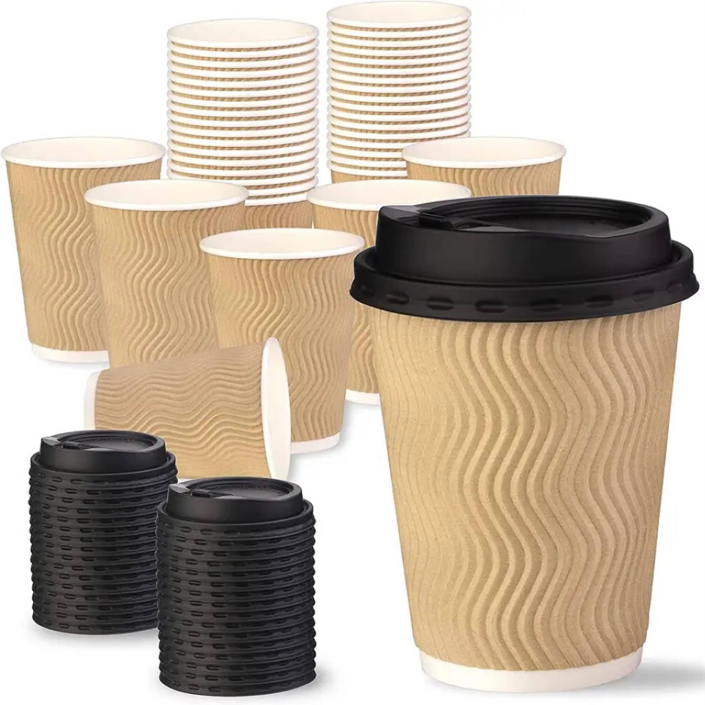 Awesomepak [50 Pack 12oz] Disposable Coffee Cups with lids, Insulated Ripple wall paper, Eco-friendly