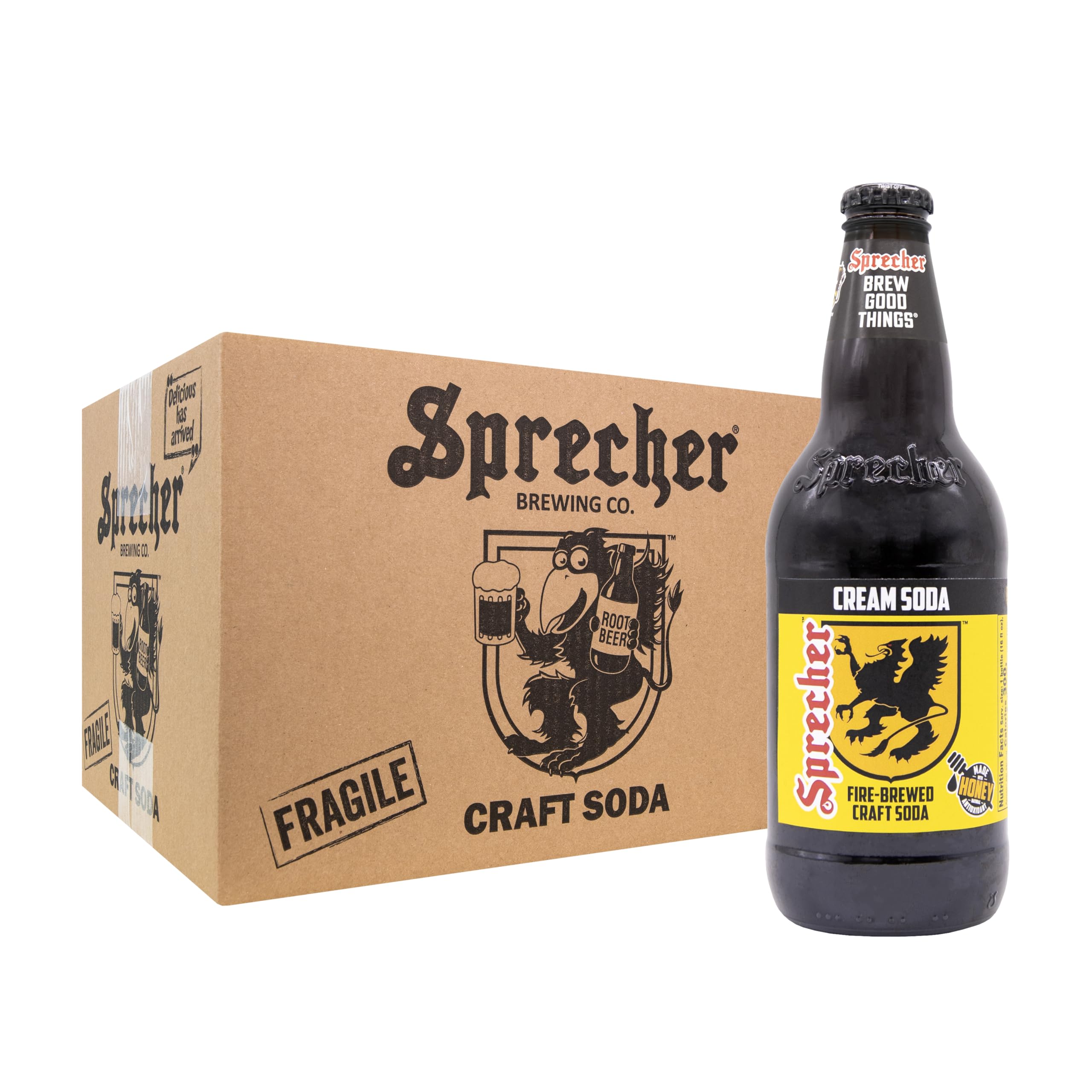 Sprecher Cream Soda in 16 fl oz Glass Bottles (12 Pack), Fire-Brewed Craft Soda with Real Honey, Gourmet Handcrafted Soft Drink
