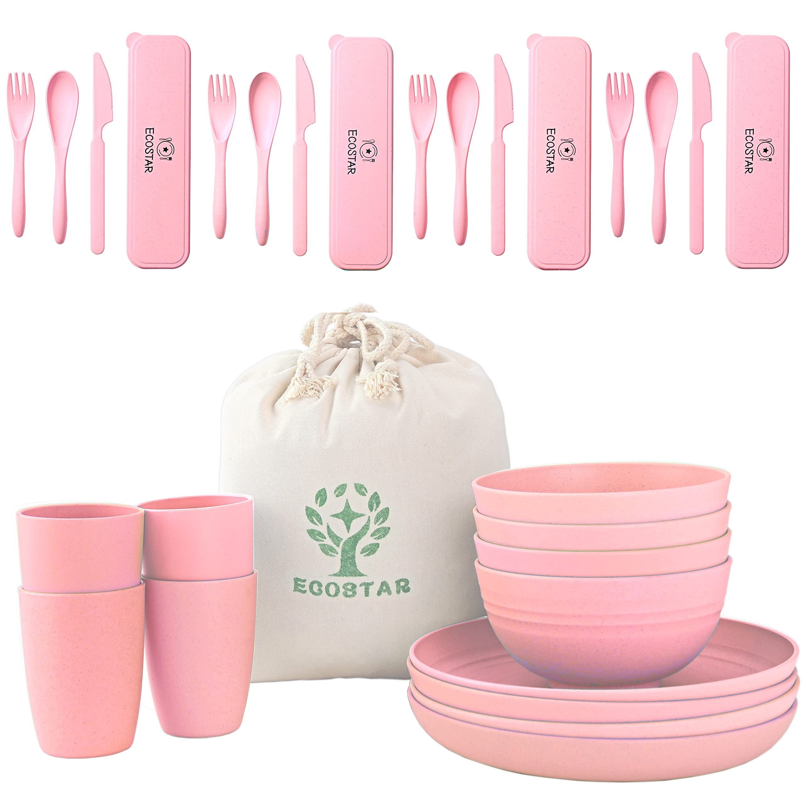 ECOSTAR Wheat Straw Dinnerware Sets - 28-Piece Unbreakable Dinnerware Set, Microwave and Dishwasher Safe - Utensil Sets, Plate and Bowl Sets for Party, Picnic, Camping, Dorm (Pink)
