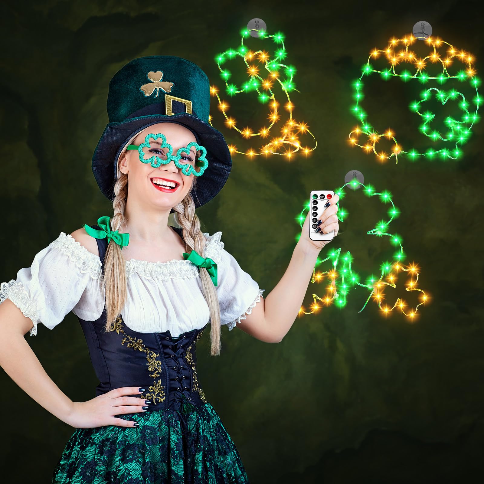 Outus 3 Pcs St Patricks Day Window Lights Decorations Shamrocks Horseshoe Pot of Gold Hanging Silhouette Window Lights Battery Operated with 8 Light Modes Remote for Irish Party Home Door Wall Decor