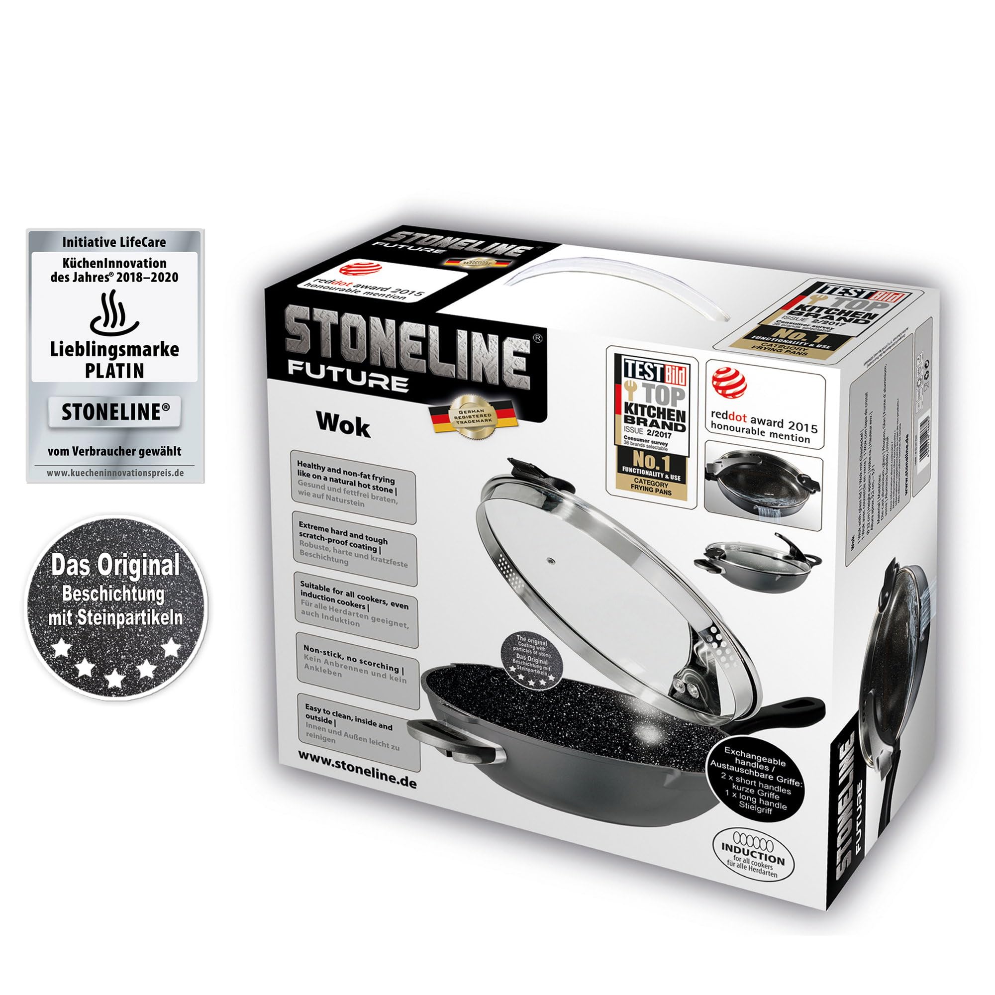 STONELINE Future Wok 32 cm, mit Sieb-Glasdeckel, mit austauschbaren Griffen, induktionsgeeignet, Aluguss, beschichtet mit echten Steinpartikeln, Grau, Wokpfanne mit Deckel