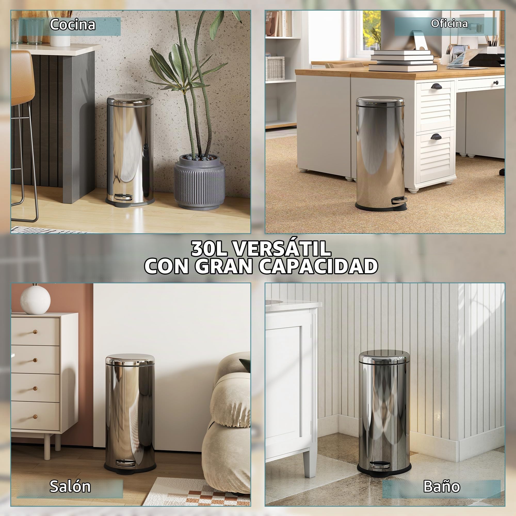 HOMCOM Cubo de Basura con Apertura a Pedal 30 L Ф29,2x62,9 cm Plateado | Basurero Automático, Cierre Interno Extraíble, Acero Inoxidable