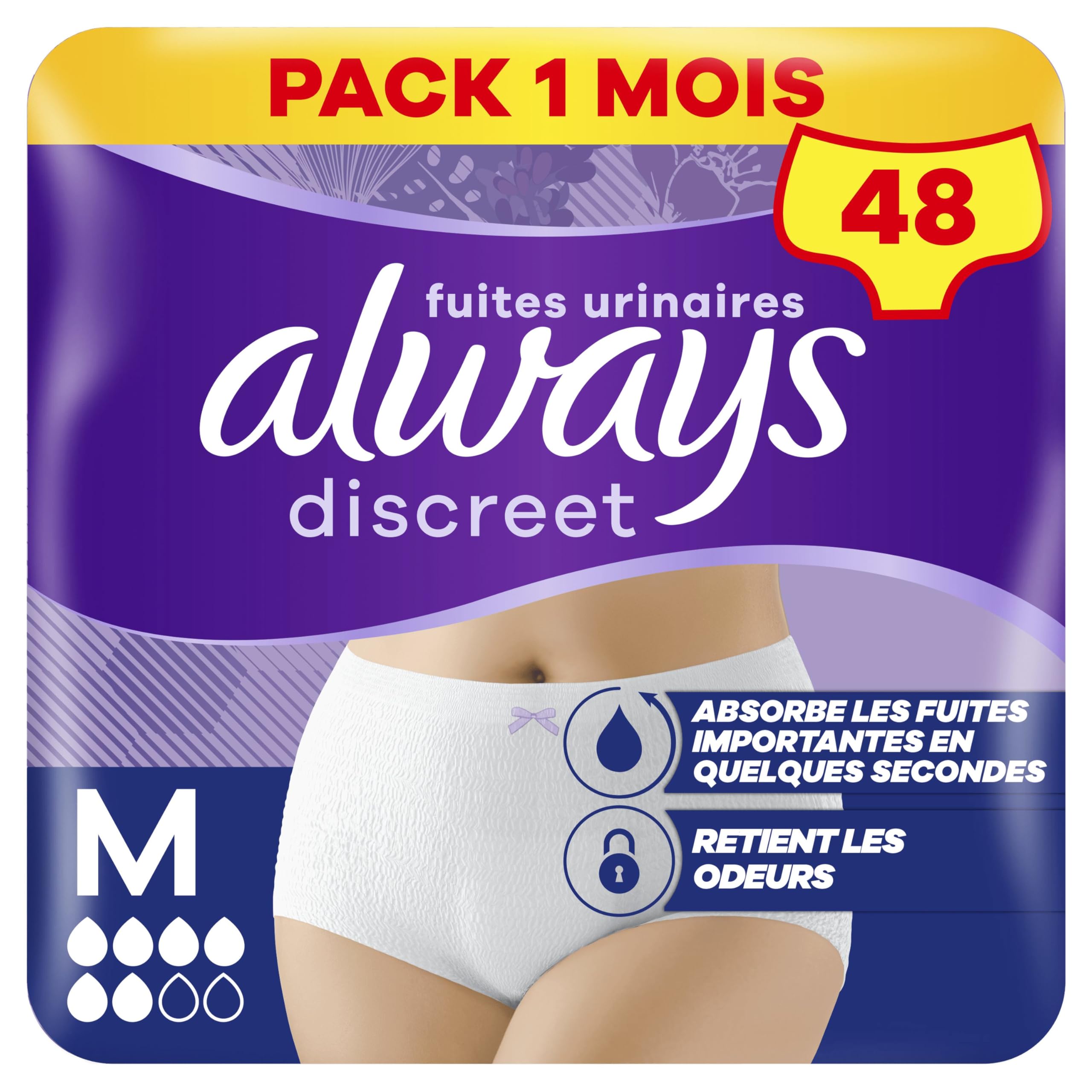 Always Discreet, 48 Culottes Incontinence Femme, Normal 5 Gouttes, Sous-​Vêtements Taille M, Blanc, Protection Très Absorbante pour Fuites Urinaires Importantes ou post accouchement, Pack 1 Mois